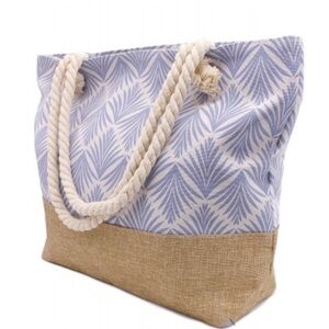Large Blue Leaf Print Beach Tote